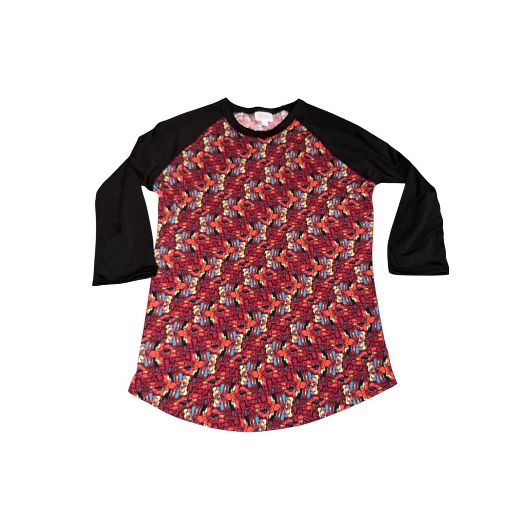 LuLaRoe Randy Baseball Tee Small Red Black Abstract Print 3/4 Sleeve Raglan Top
